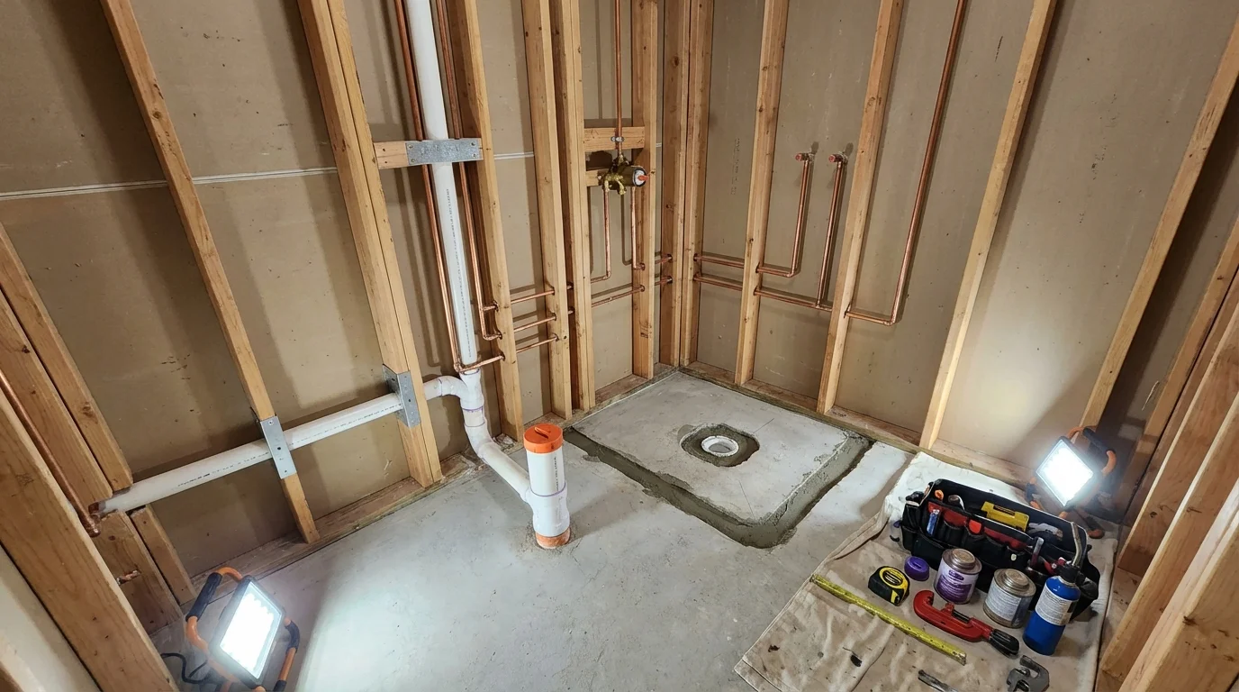Bathroom rough-in plumbing during remodel by Johns Plumbing LLC in Dennis