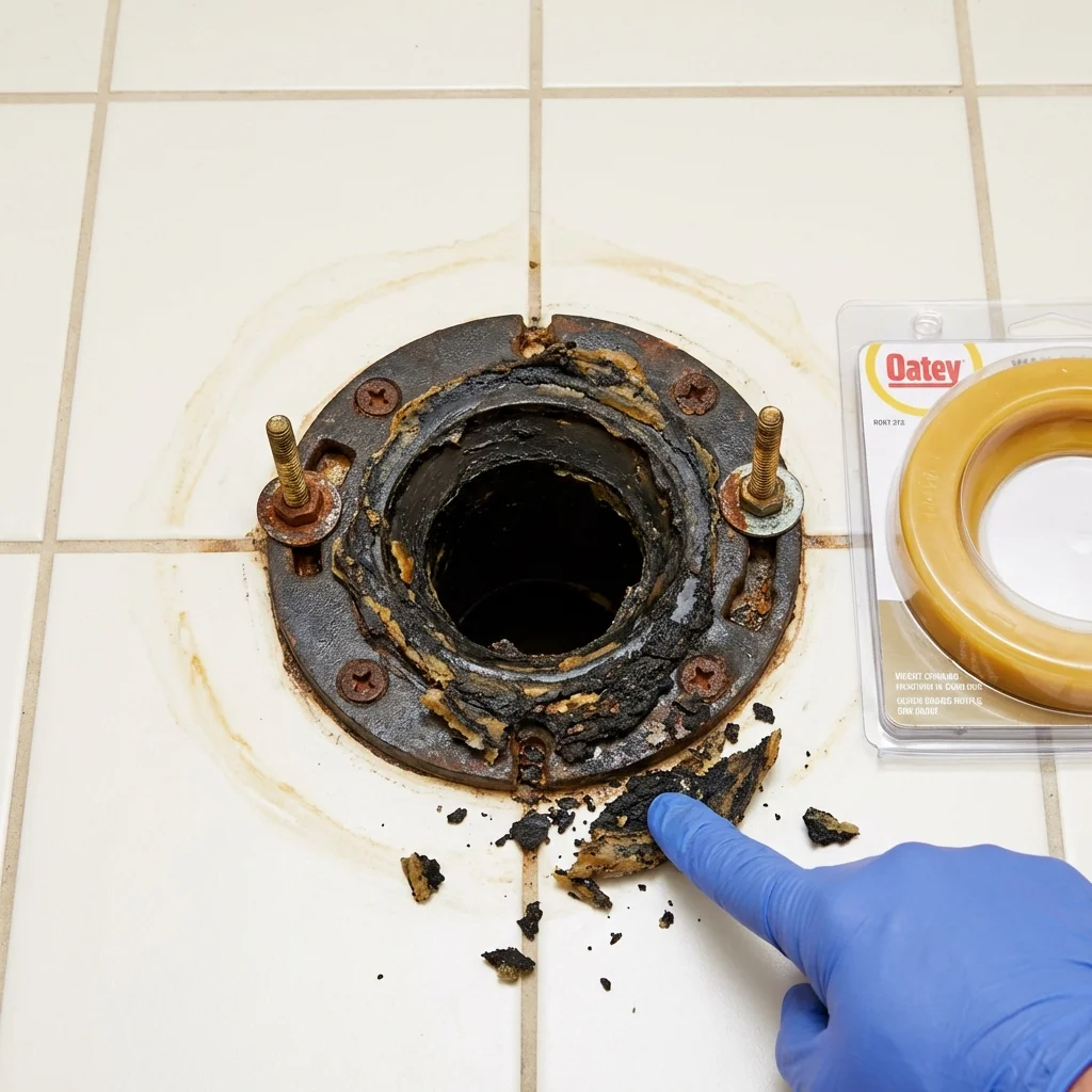 Failed wax ring showing water seepage at the base of a toilet in a Dennis, MA home